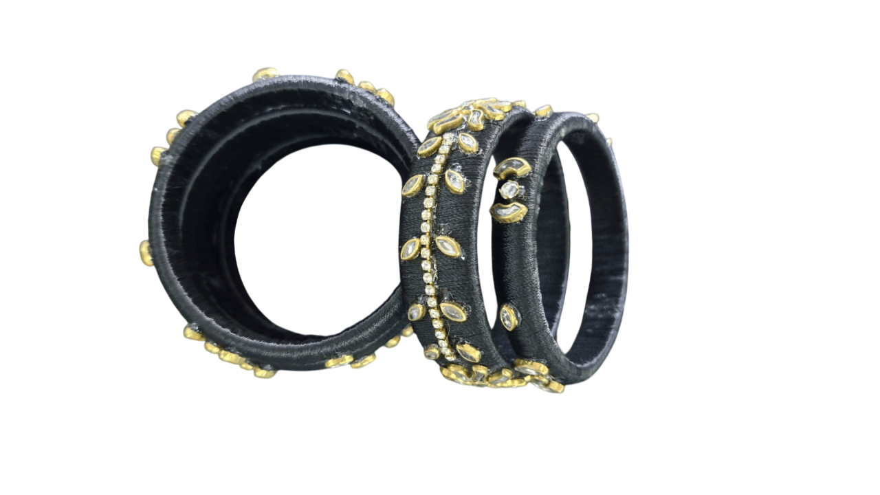 Black Silk Thread Bangle Set with Stone Work for Women