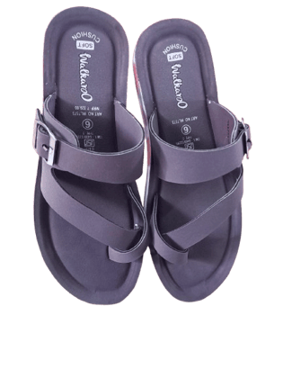 Women's black casual slippers with a textured footbed and a buckle closure