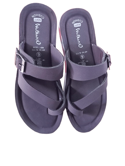 Women's black casual slippers with a textured footbed and a buckle closure