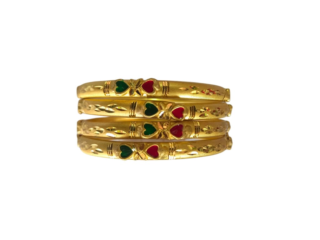 Gold Plated Bangles With Green and Red Stone Set of 4 Size 2-10