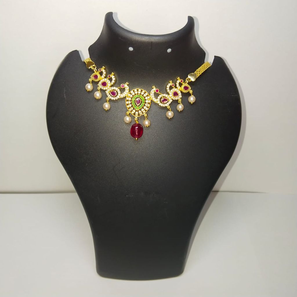 Gold Necklace with Peacock Motif and Pearls