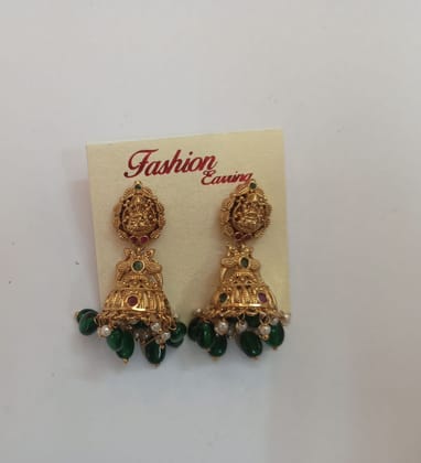oxidized gold plated traditional jhumka earrings with green beads