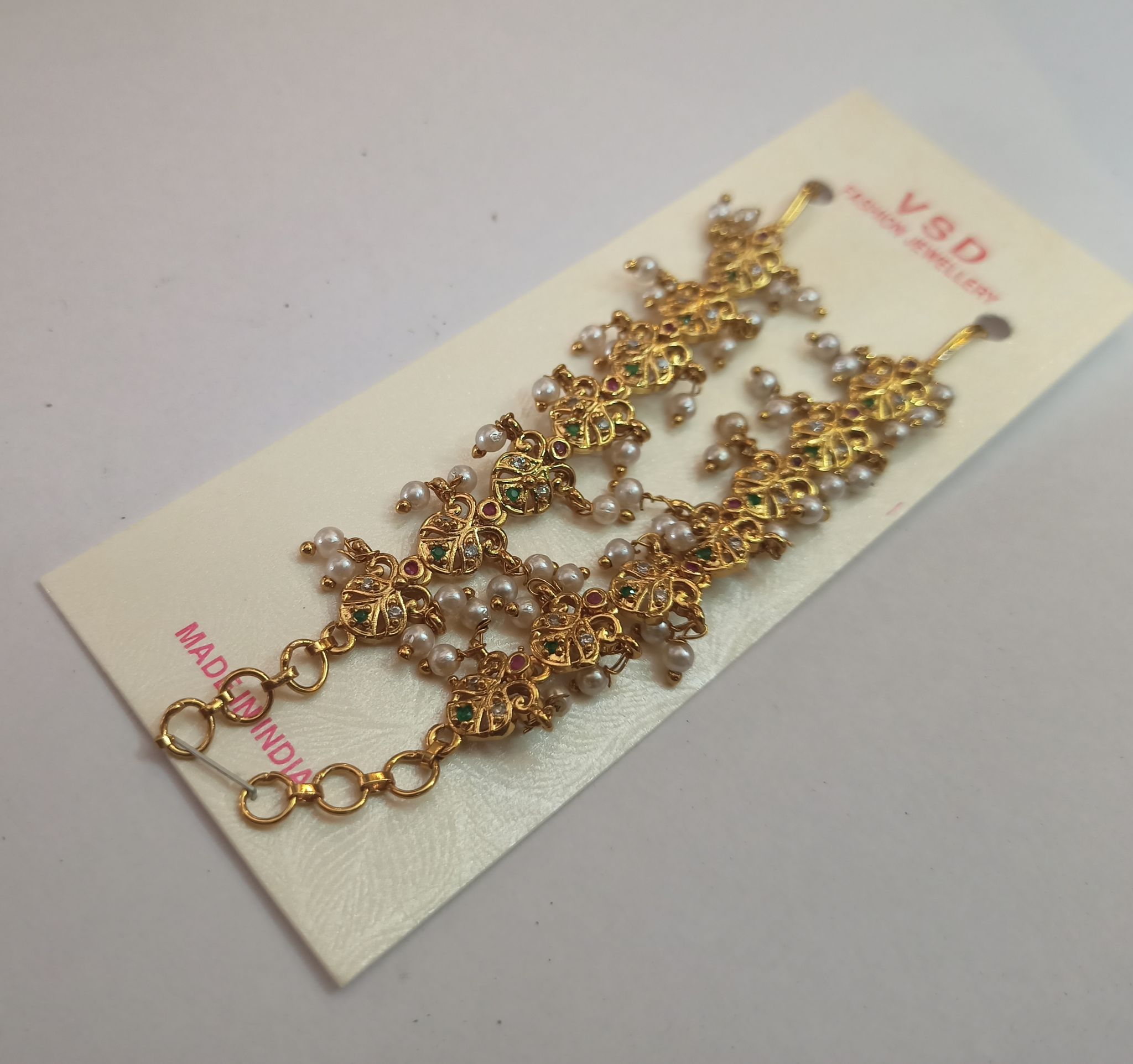 14k Gold Plated Indian Jhumka Earrings with Pearls and Green Stones