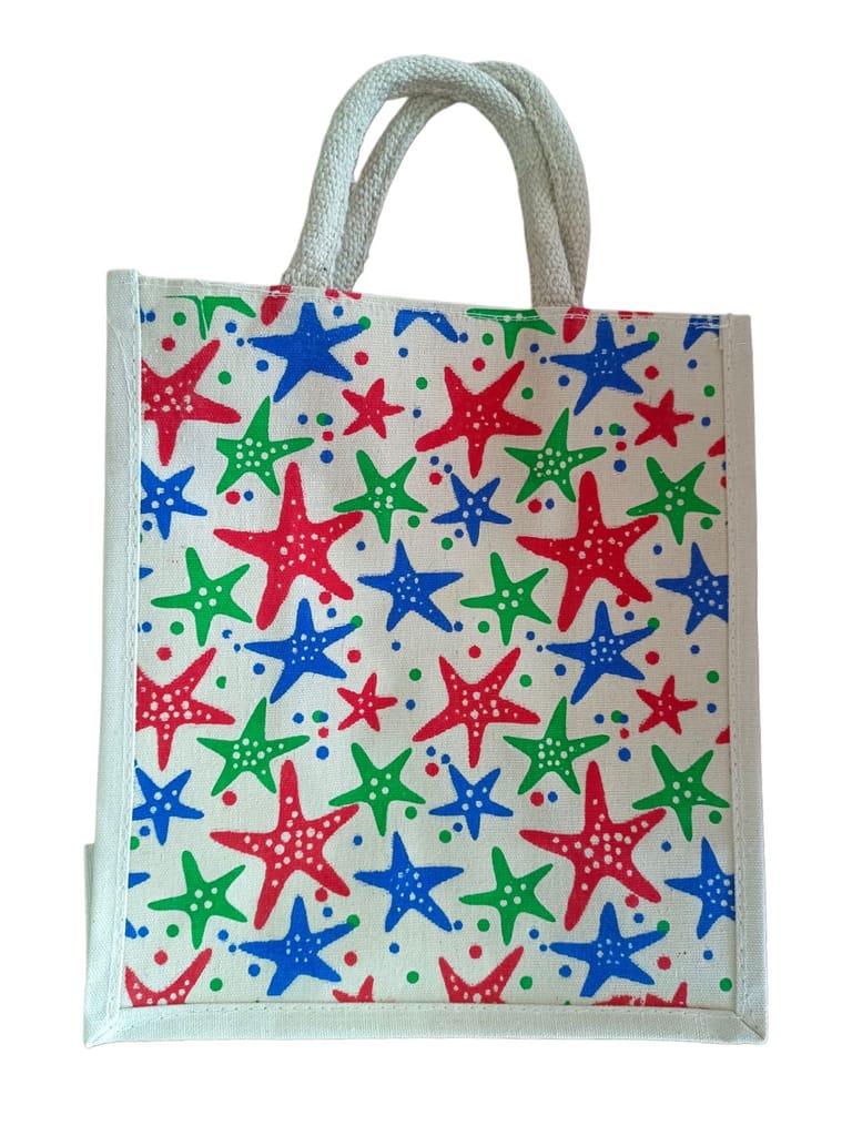 Hand-painted starfish design jute tote bag