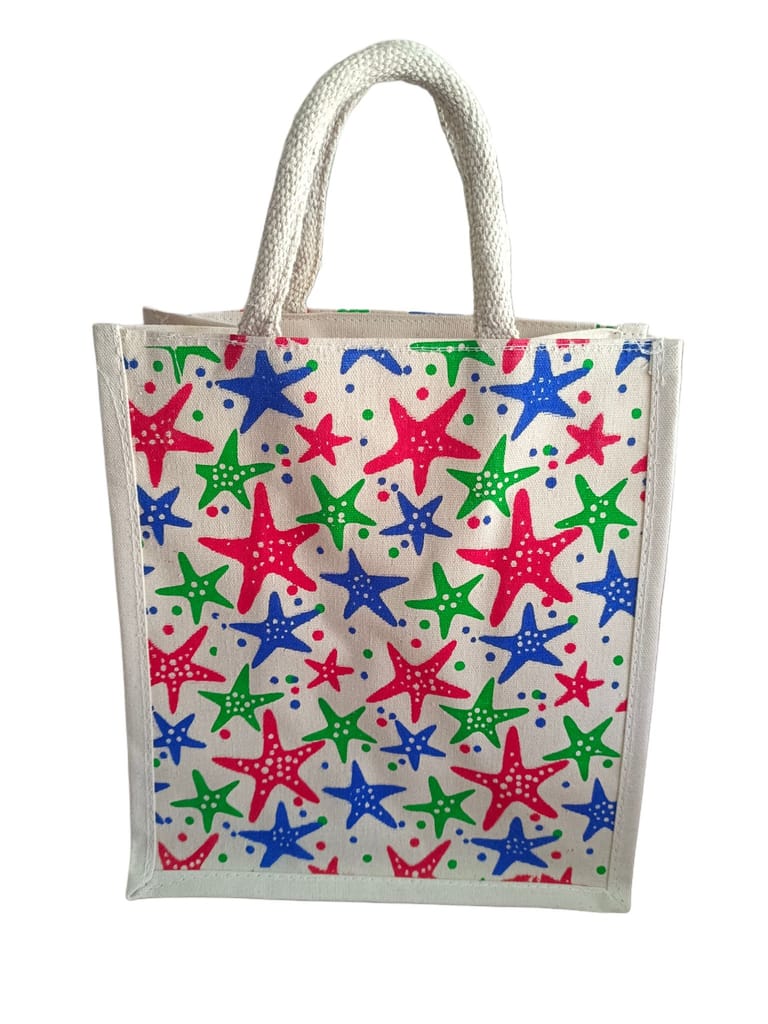 Hand-painted starfish design jute tote bag