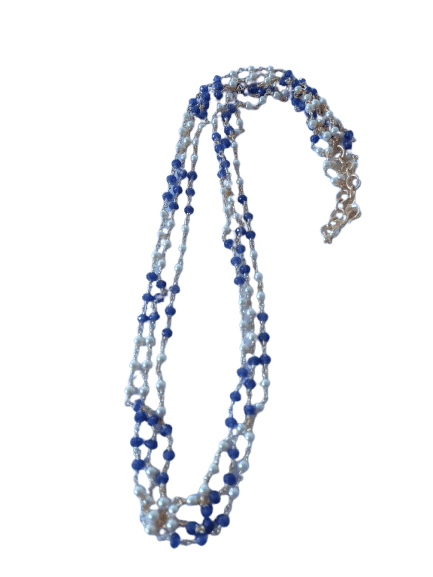 Blue Sapphire and Pearl Beaded Chain Necklace in One Gram Gold