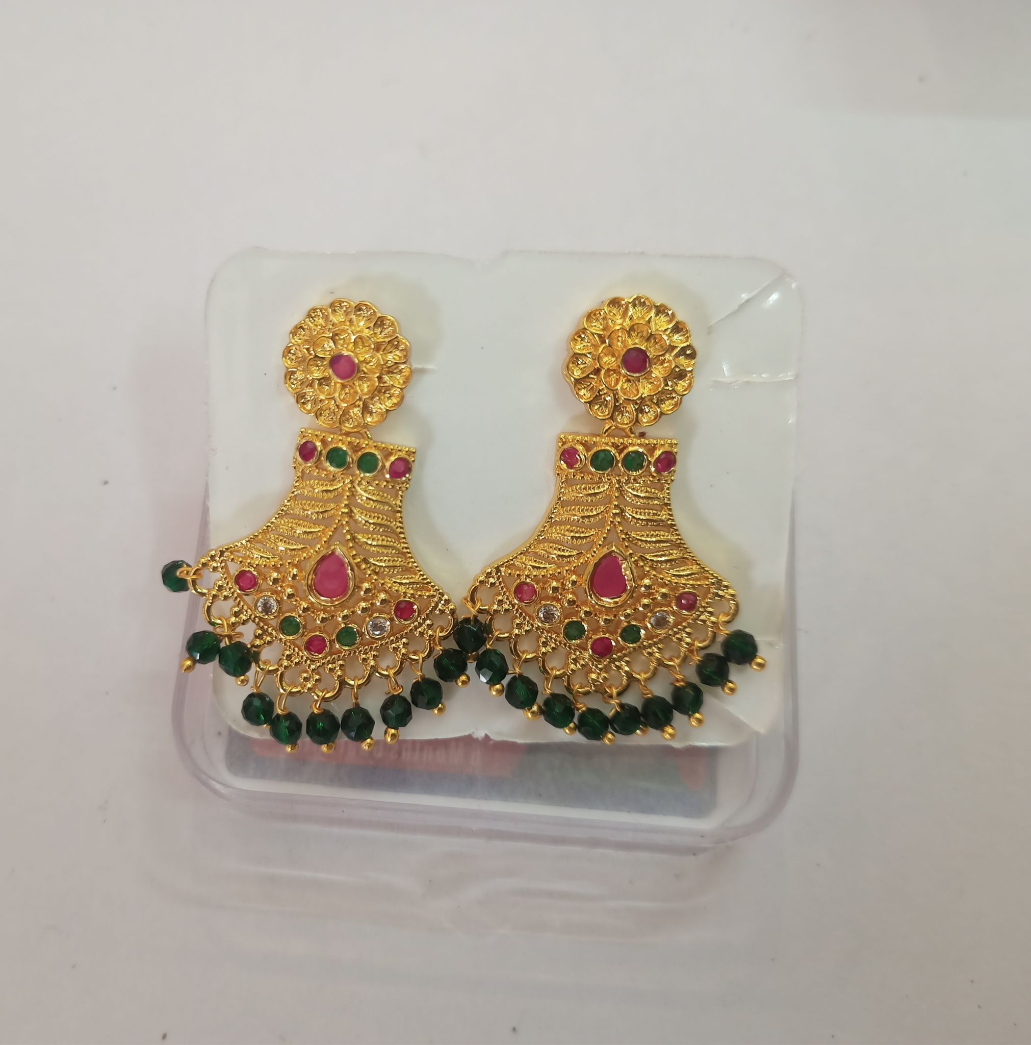 14k Gold Plated Traditional Indian Jhumka Earrings with Green Beads and Pink Stones