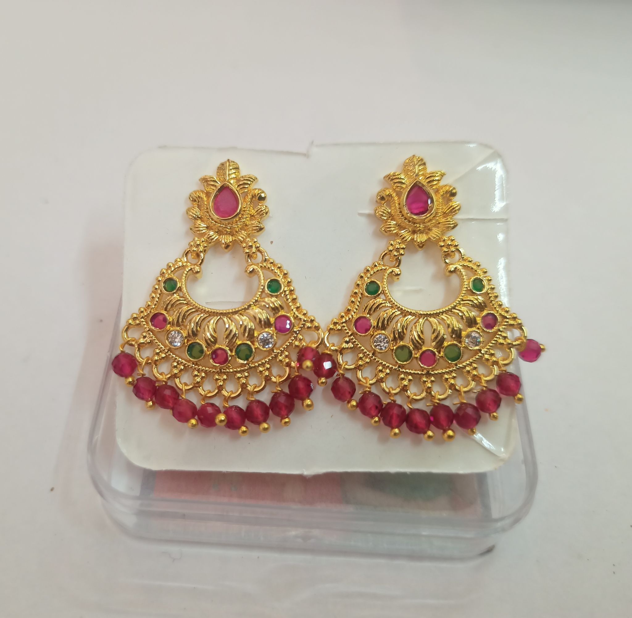 14k Gold Plated Chandbali Earrings with Ruby and Emerald Stones