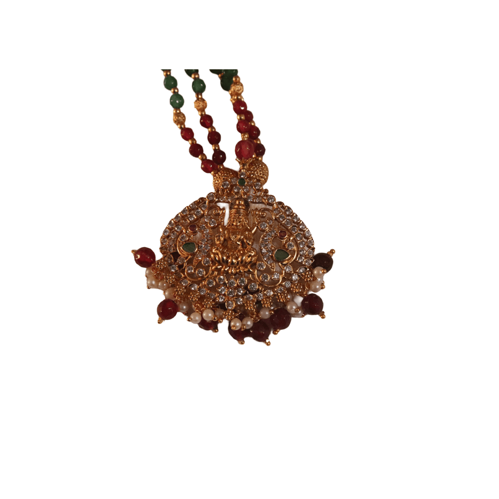 oxidized finish temple pendant with red and green beads mala