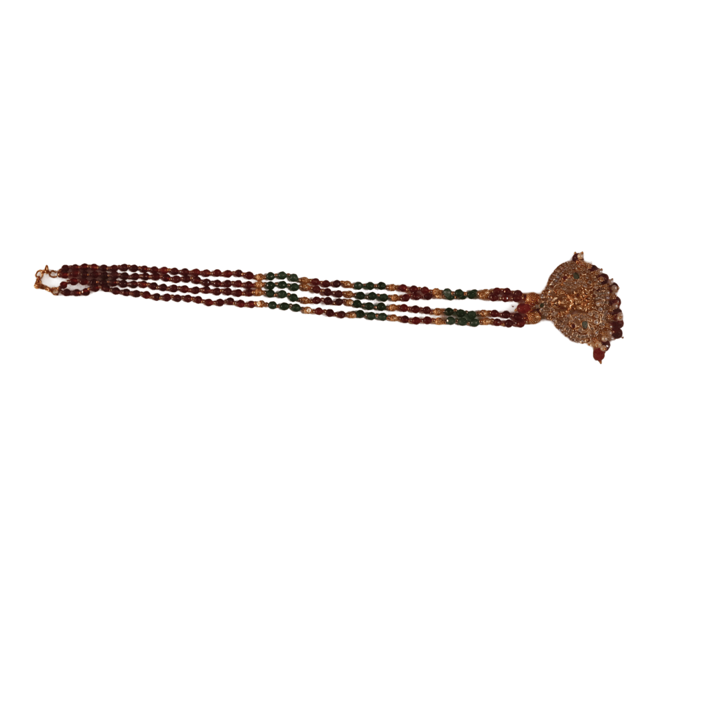 oxidized finish temple pendant with red and green beads mala