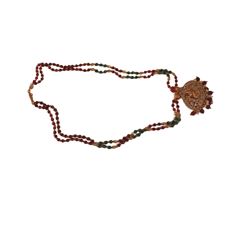 oxidized finish temple pendant with red and green beads mala