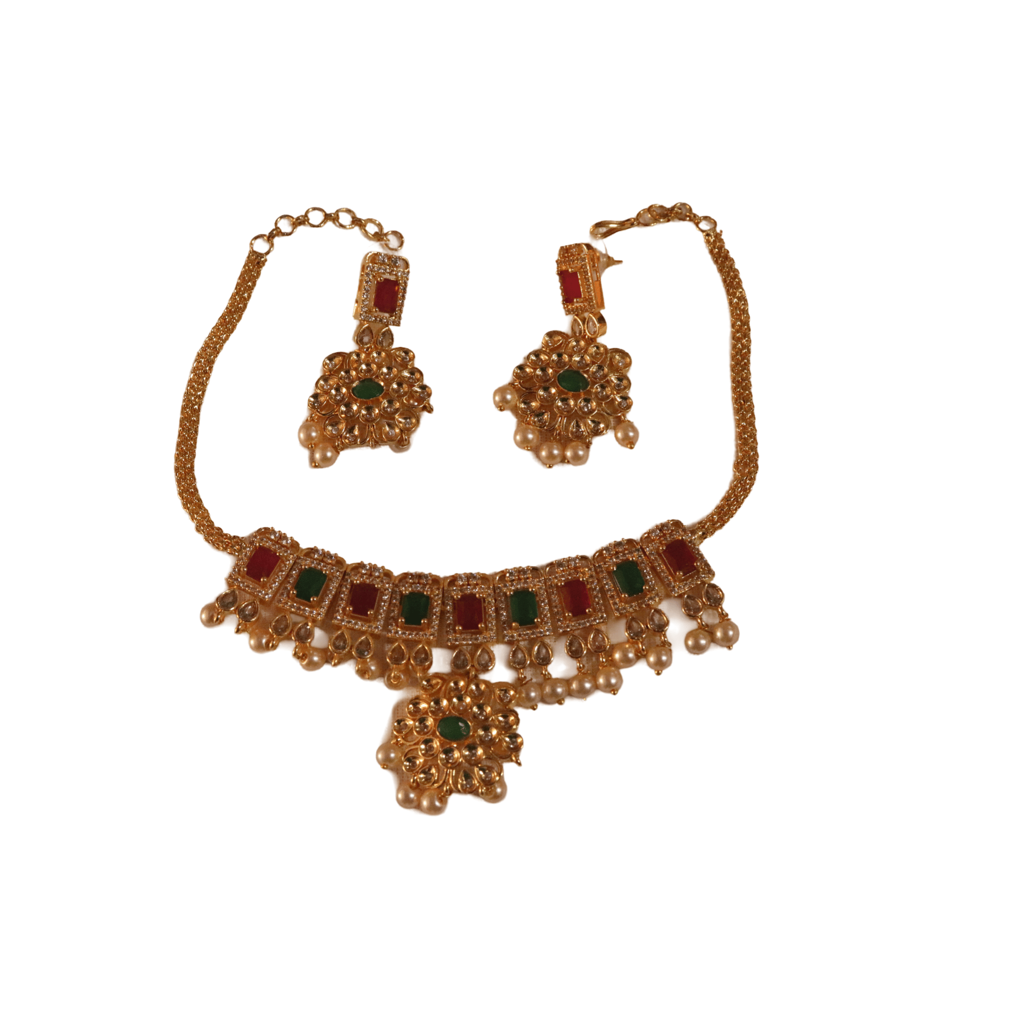 Gold-plated Kundan and Pearl Choker Necklace Set with Earrings for Women