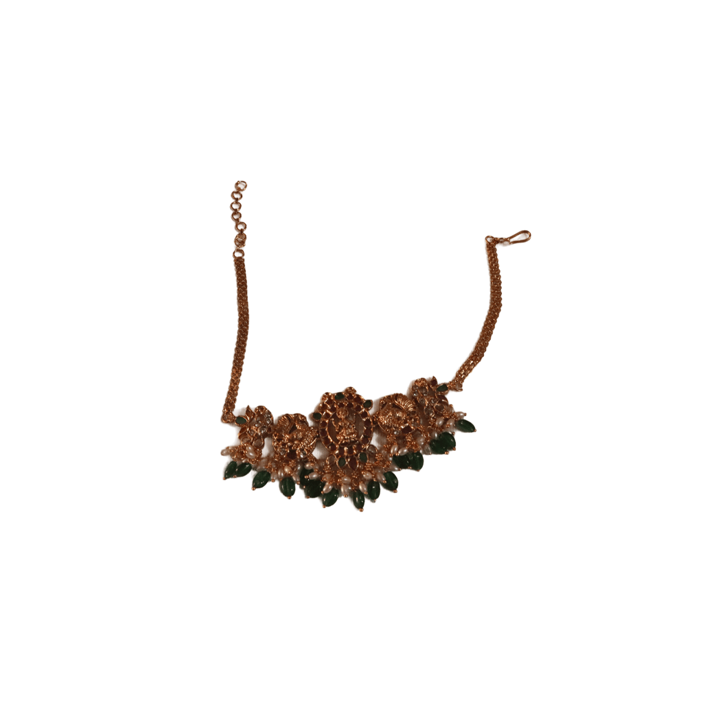 Gold-plated traditional Indian choker necklace set with green stones and pearls