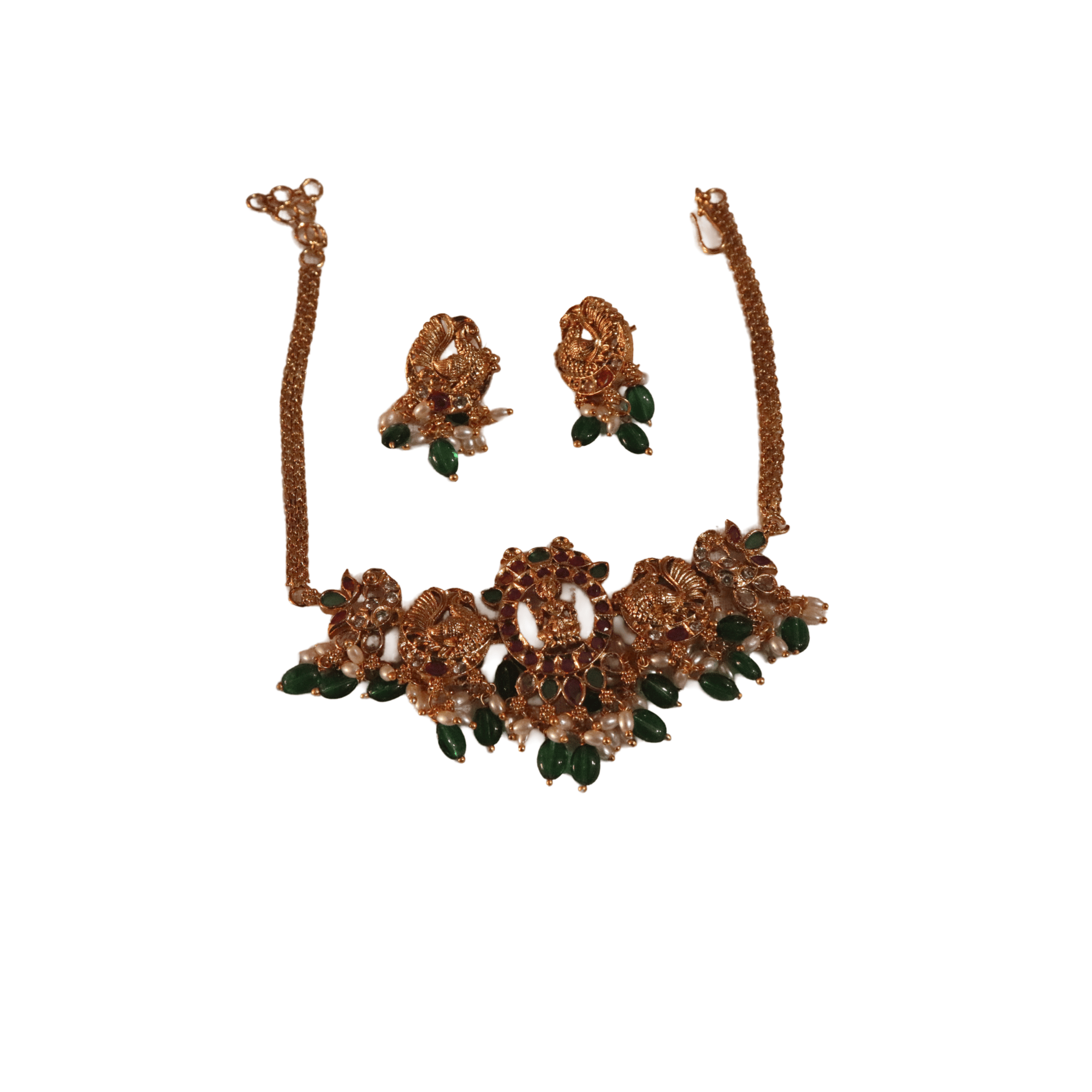Gold-plated traditional Indian choker necklace set with green stones and pearls