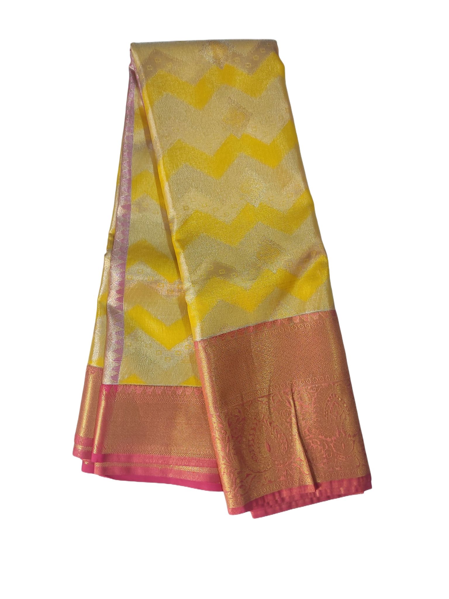 Yellow and Pink Kanjivaram Silk Saree With Blouse Piece