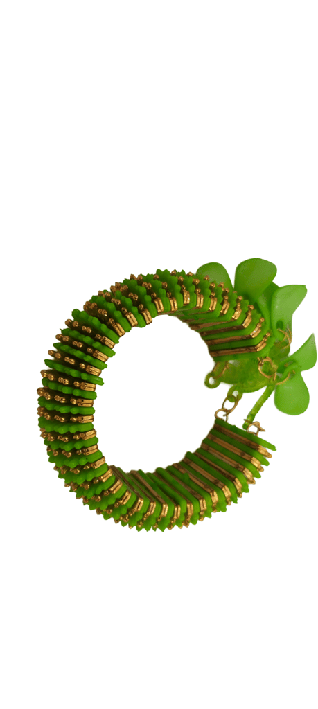 Green Lac Bangles with Golden Beads and Bells for Women