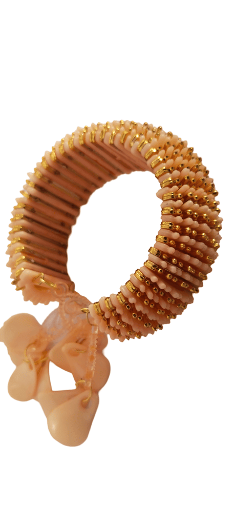 Gold and Peach Beaded Bangle Bracelet with Rhinestone Accents