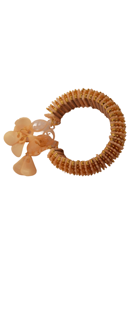 Gold and Peach Beaded Bangle Bracelet with Rhinestone Accents