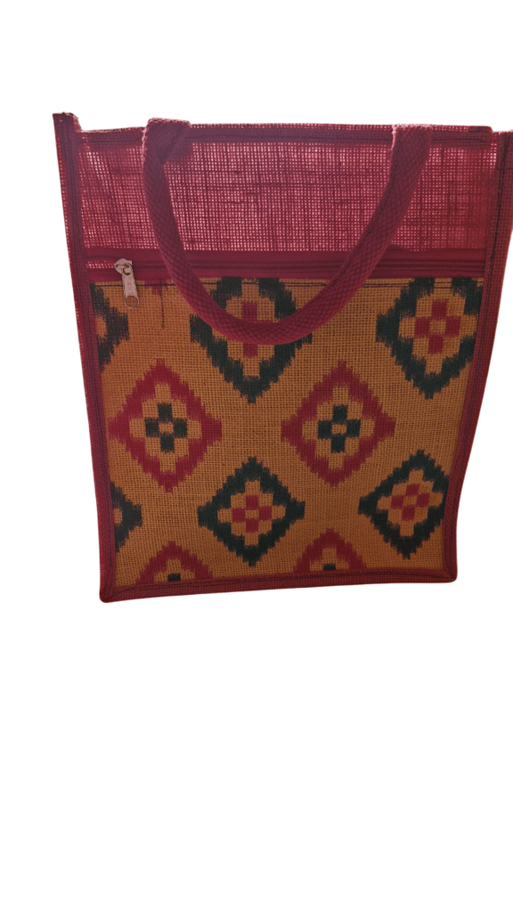 Handwoven Jute Tote Bag with Zipper and Colorful Geometric Print - Handbags | Buy online on ZillyBuy