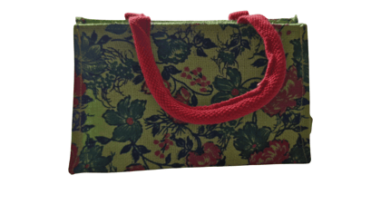 Floral Jute Tote Bag with Red Handles Floral Jute Tote Bag with Red Handles