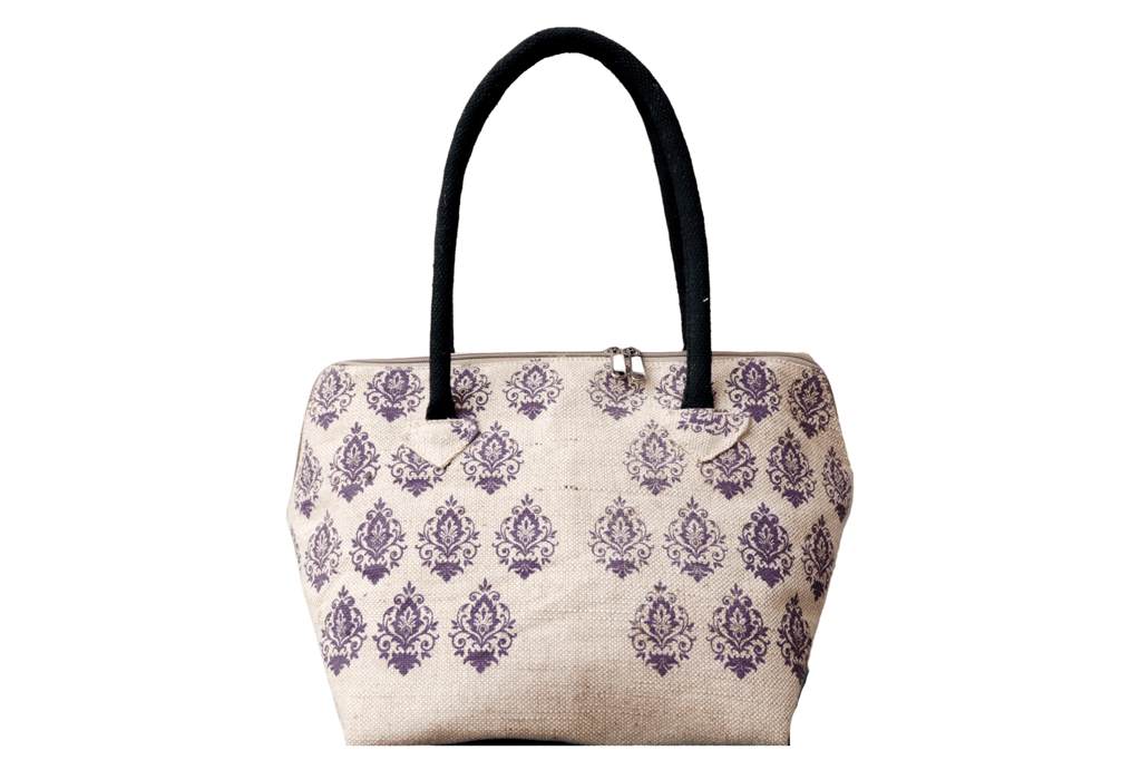 Handcrafted Jute Tote Bag with Floral Print and Black Handles - Handbags | Buy online on ZillyBuy