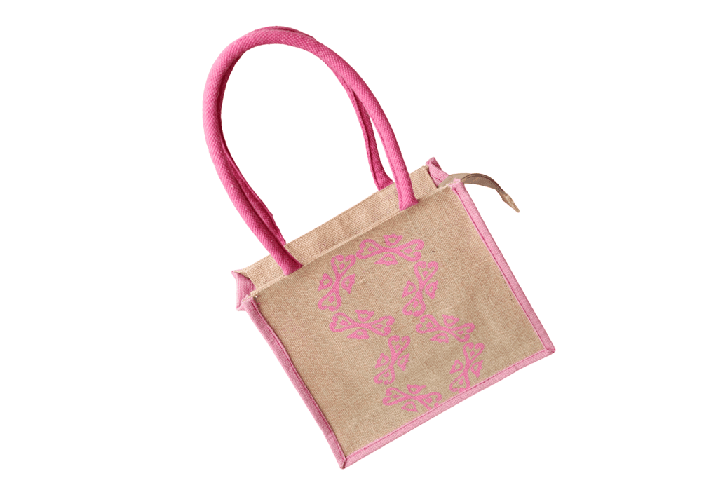 Pink Jute Tote Bag with Floral Print
