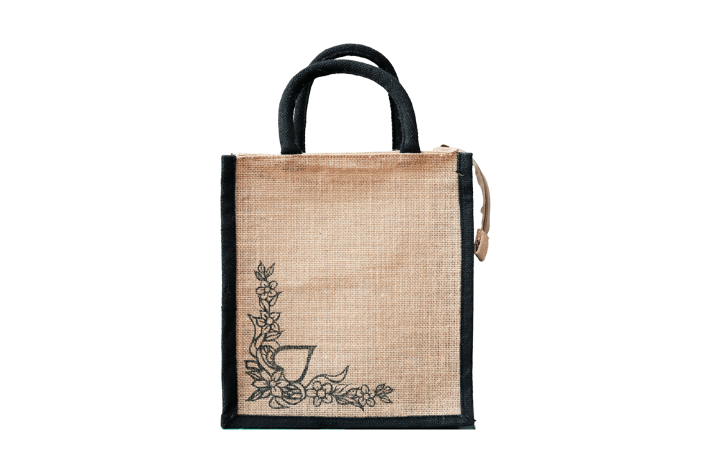 Jute Tote Bag with Black Trim and Floral Design This jute tote bag is made from 100% natural jute fibers - Handbags | Buy online on ZillyBuy