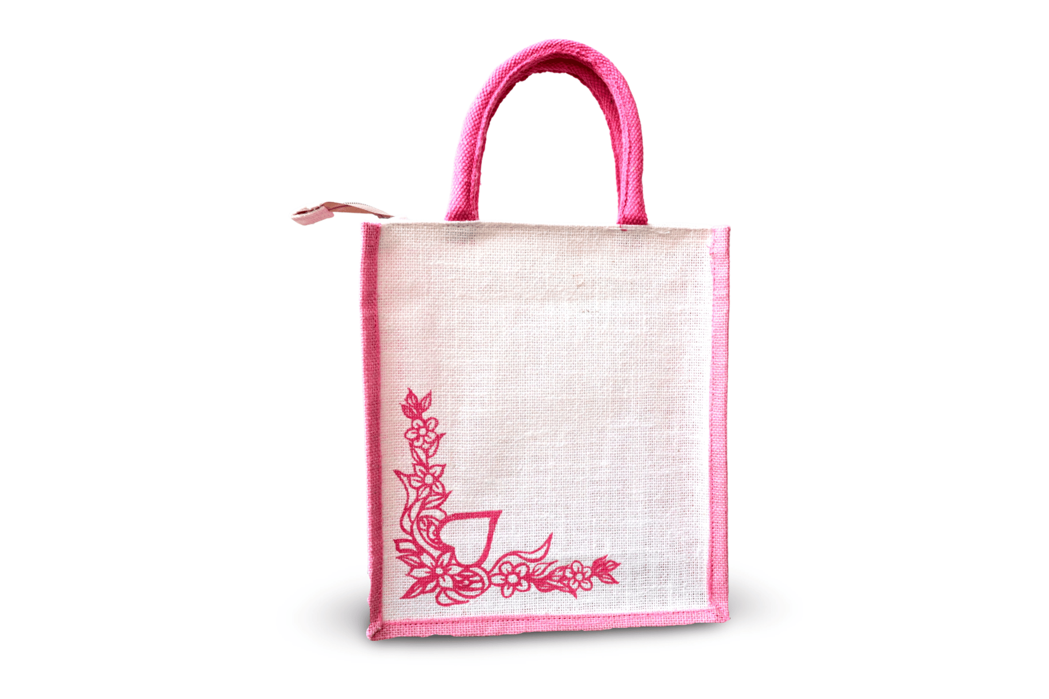 Pink Jute Tote Bag with Embroidered Floral Design