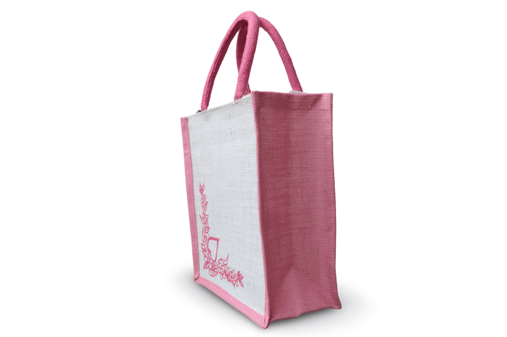 Pink Jute Tote Bag with Embroidered Floral Design