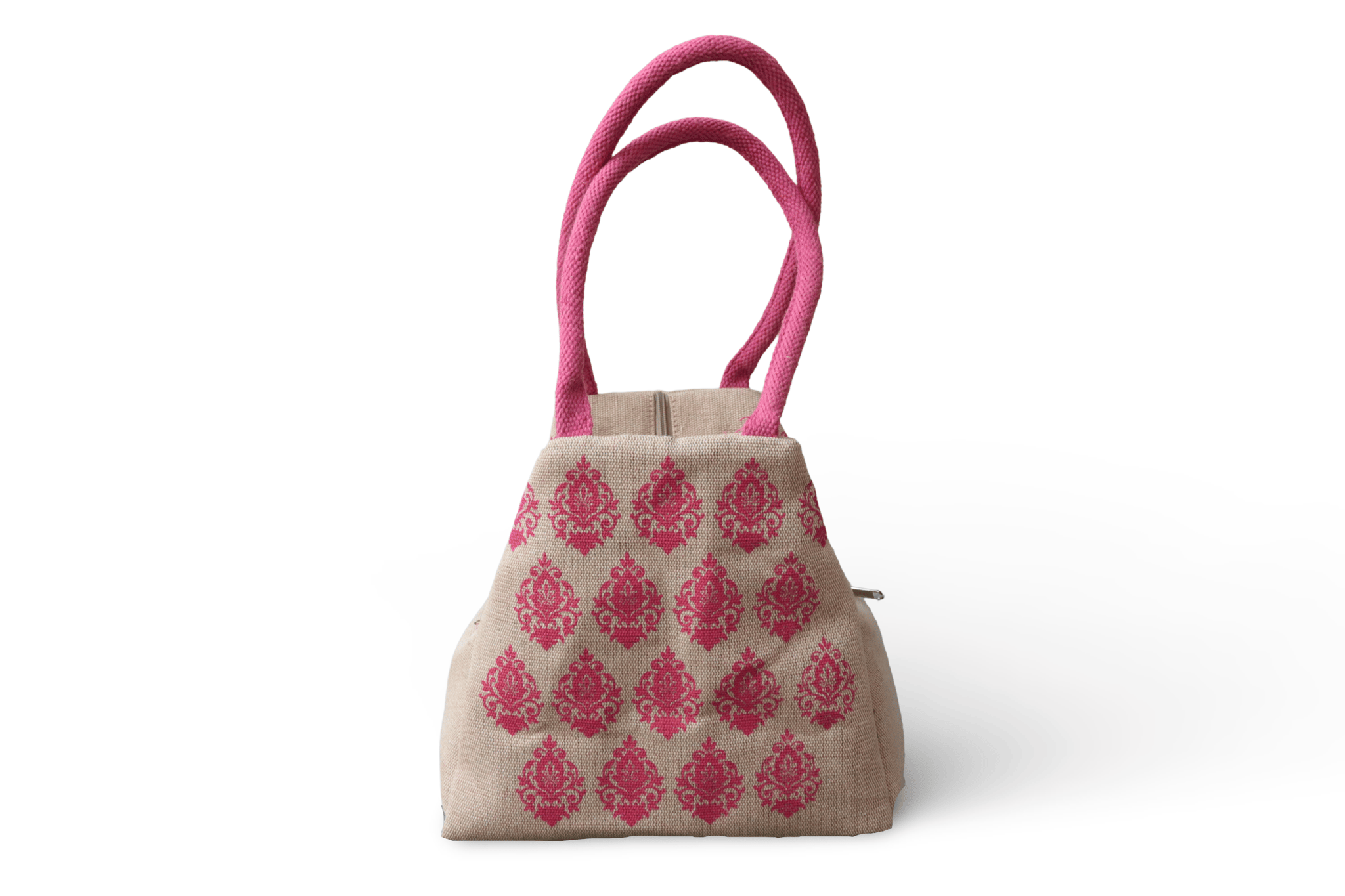 Stylish and Trendy Jute Tote Bag with Pink Floral Print his stylish and trendy jute tote bag