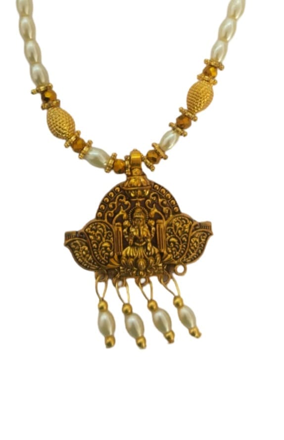 oxidized finish temple pendant with pearl chain