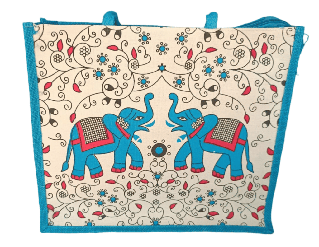 Blue Cotton Canvas Tote Bag with Colorful Elephant Print - Handbags | Buy online on ZillyBuy