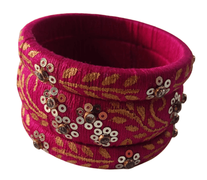 Exquisite Pink Silk Thread Bangles with Golden Zari Embroidery and Sequin Work for Women