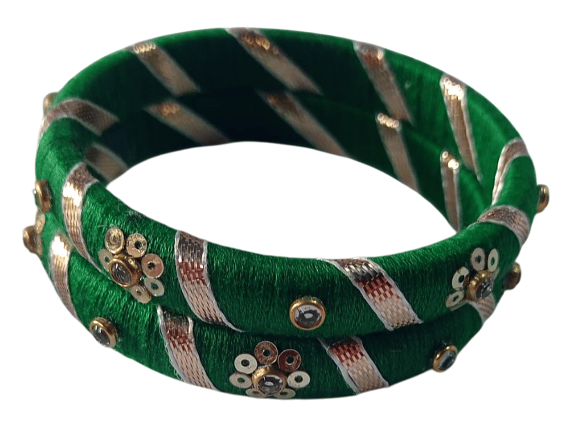 Green Silk Thread Bangle Set with Stone and Zari Work for Women and Girls (Pack of 2)