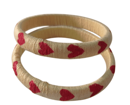 Red and Cream Heart Bangles | Handmade Silk Thread Bangles | Set of 2 | Perfect for Valentine's Day