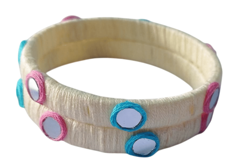 White and Pink Lac Bangles with Blue and Pink Mirror Work