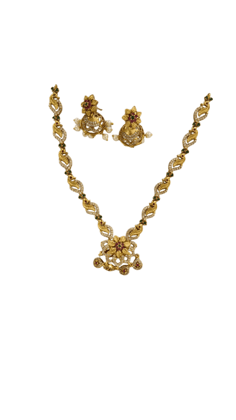 Gold-plated traditional Indian necklace set with intricate detailing and pearl drops