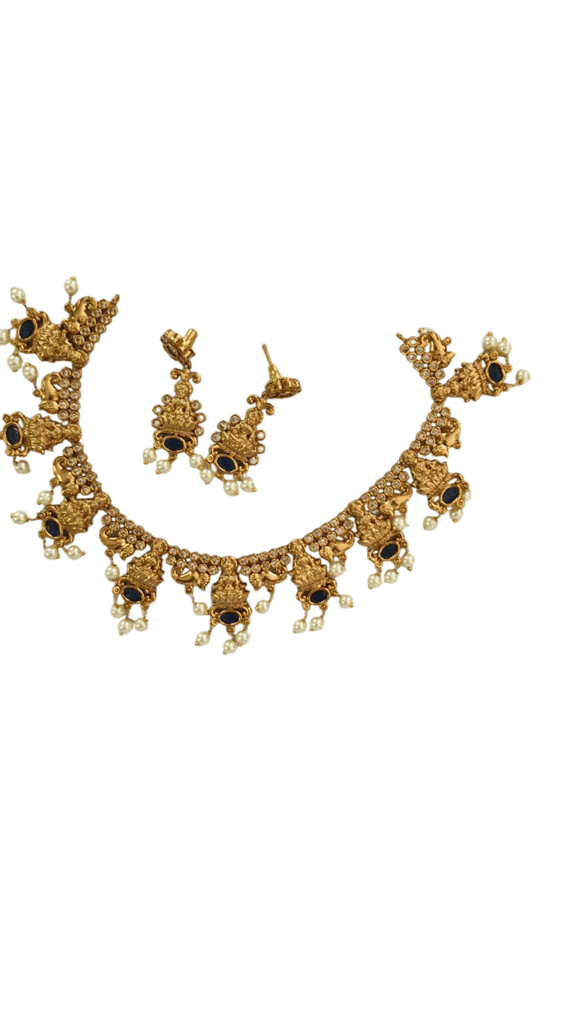 oxidized gold plated antique finish temple jewellery necklace set with blue stones and pearls - Jewellery Sets | Buy online on ZillyBuy