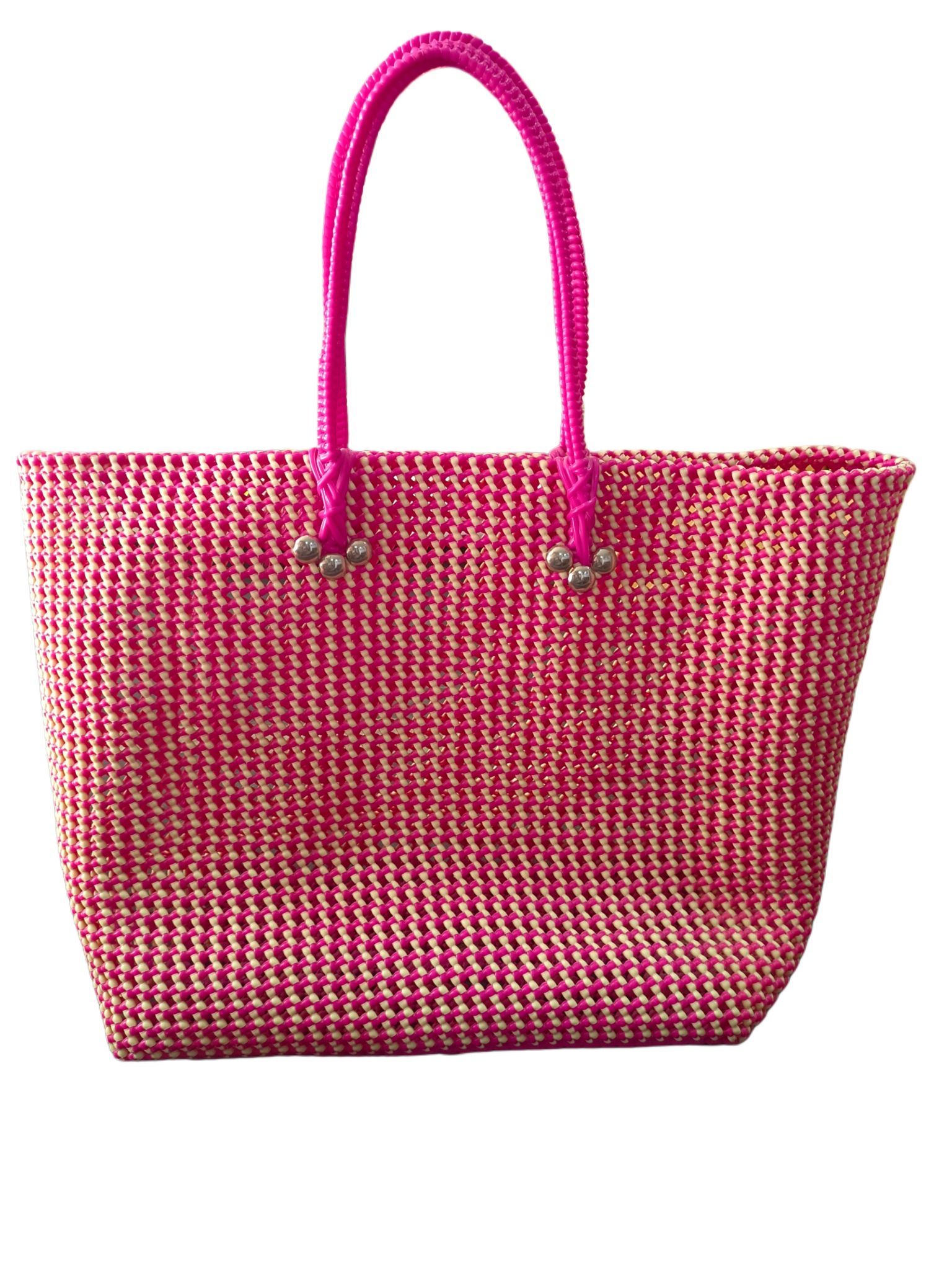 Handwoven Pink and Cream Straw Tote Bag with Double Handles
