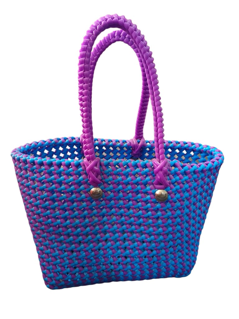 Handwoven Purple and Blue Plastic Basket with Double Handles - Handbags | Buy online on ZillyBuy