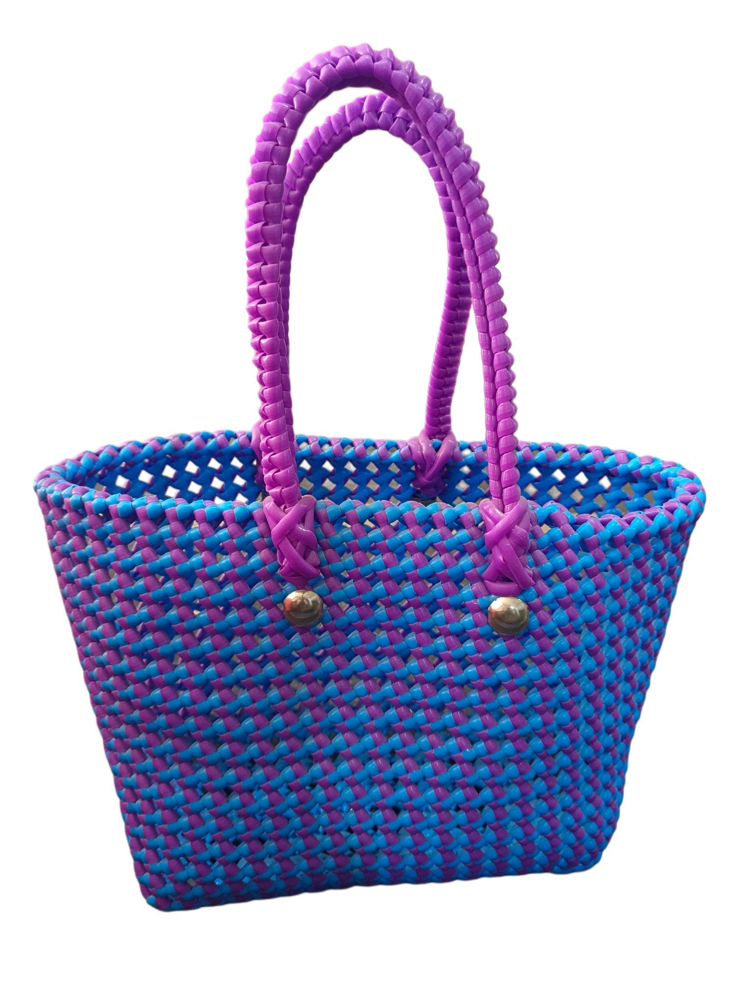 Handwoven Purple and Blue Plastic Basket with Double Handles