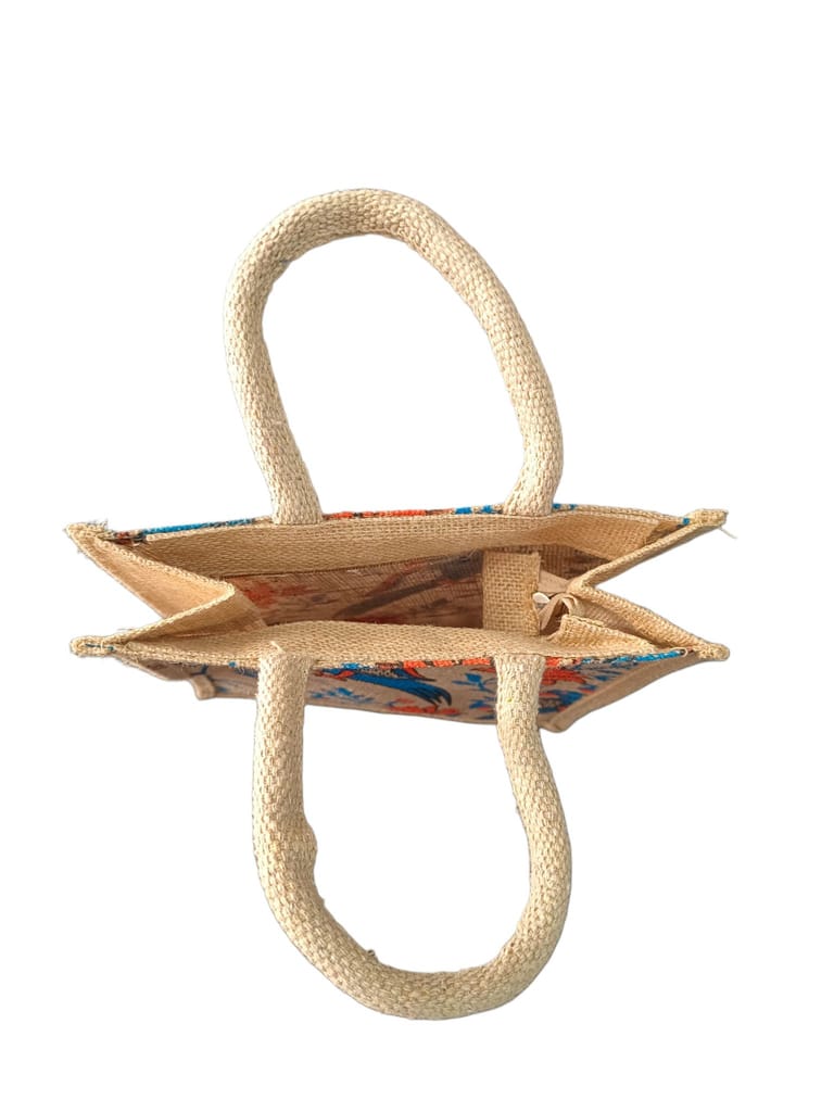 Jute Tote Bag with Floral and Parrot Print.