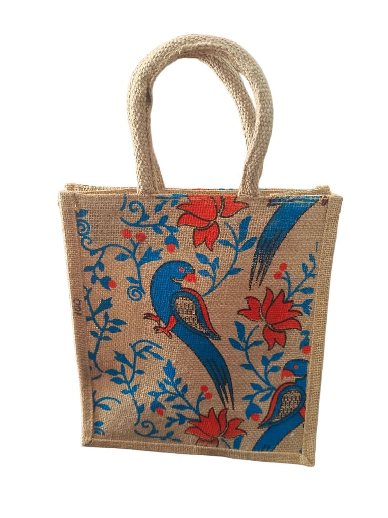 Jute Tote Bag with Floral and Parrot Print.
