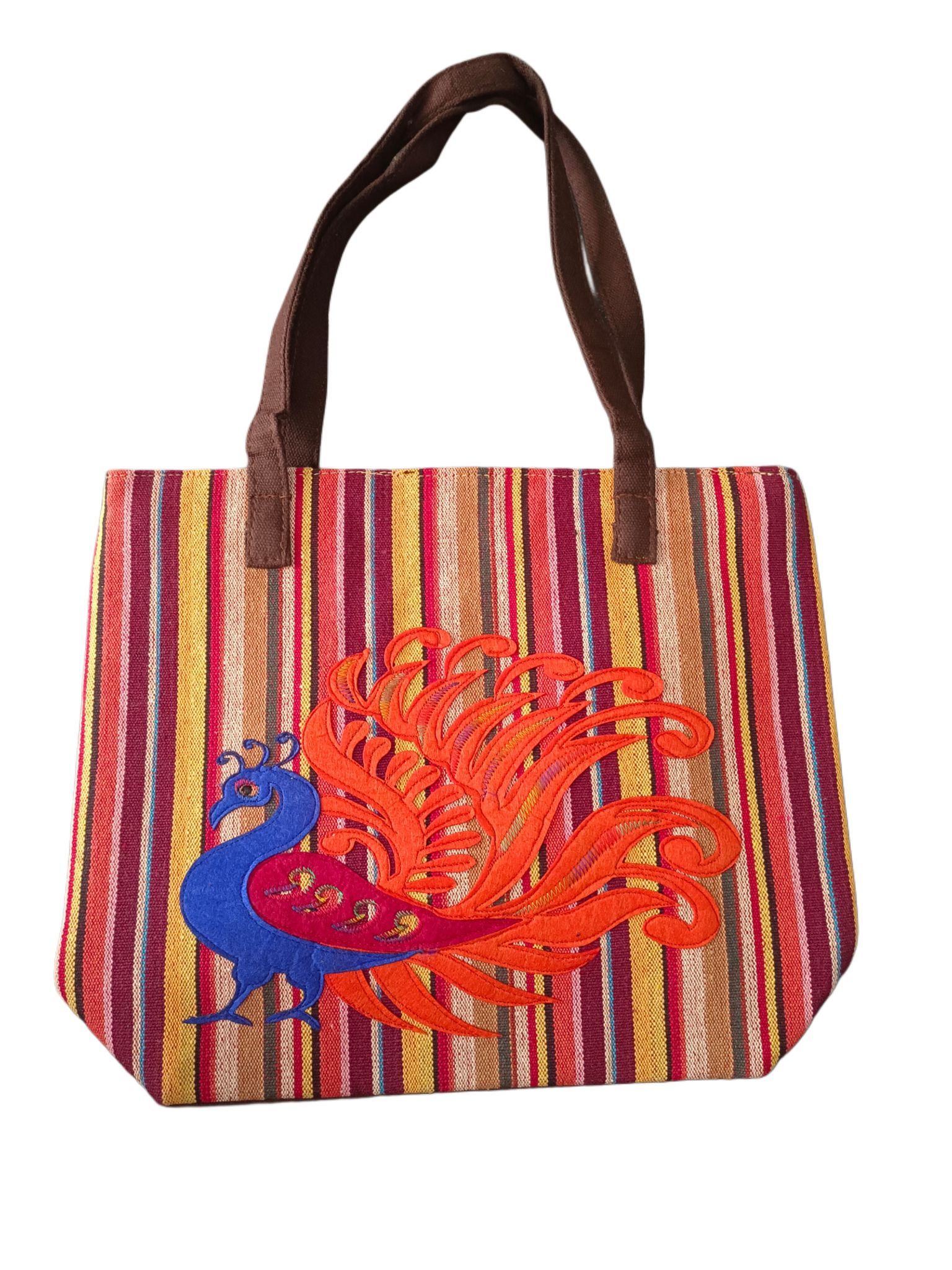 Embroidered Peacock Striped Tote Bag