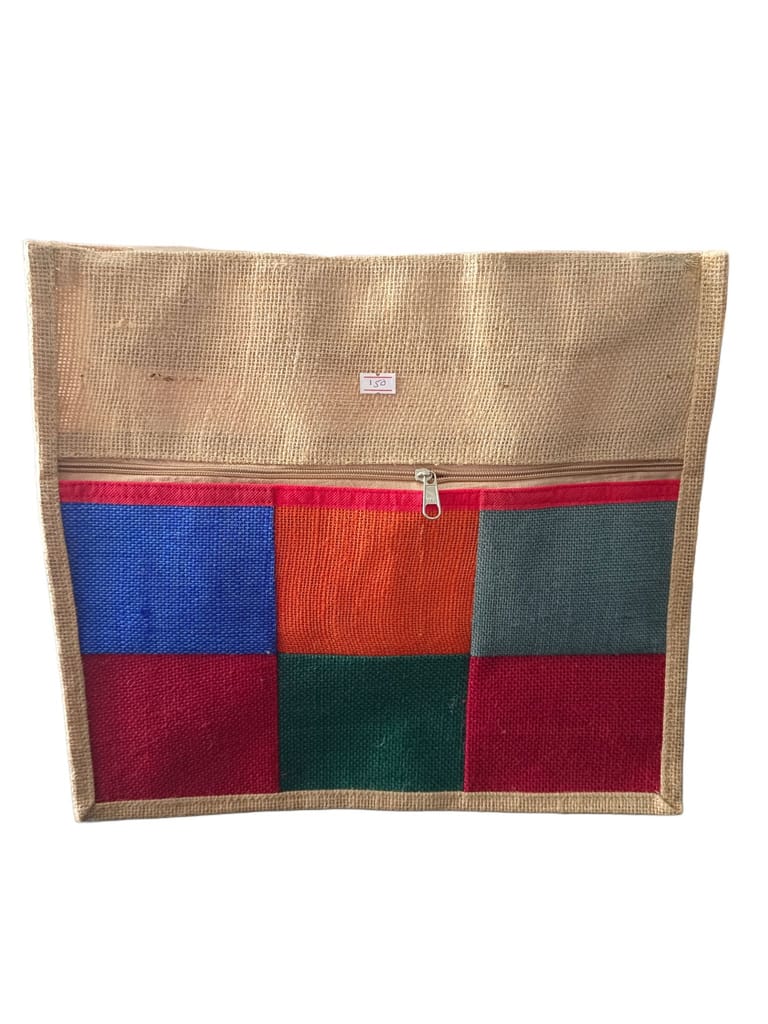 Jute Tote Bag with Colorful Patchwork Design and Zippered Top