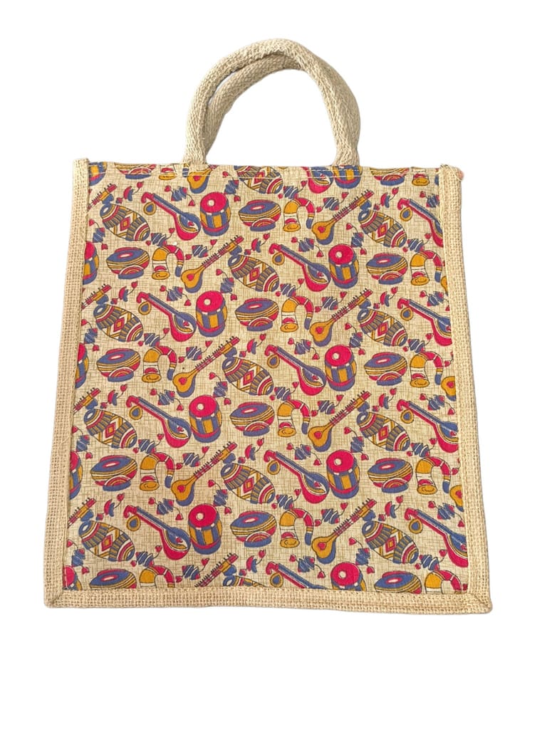 Eco-friendly and Reusable Jute Tote Bag with Colorful Indian Musical Instruments Design - Handbags | Buy online on ZillyBuy