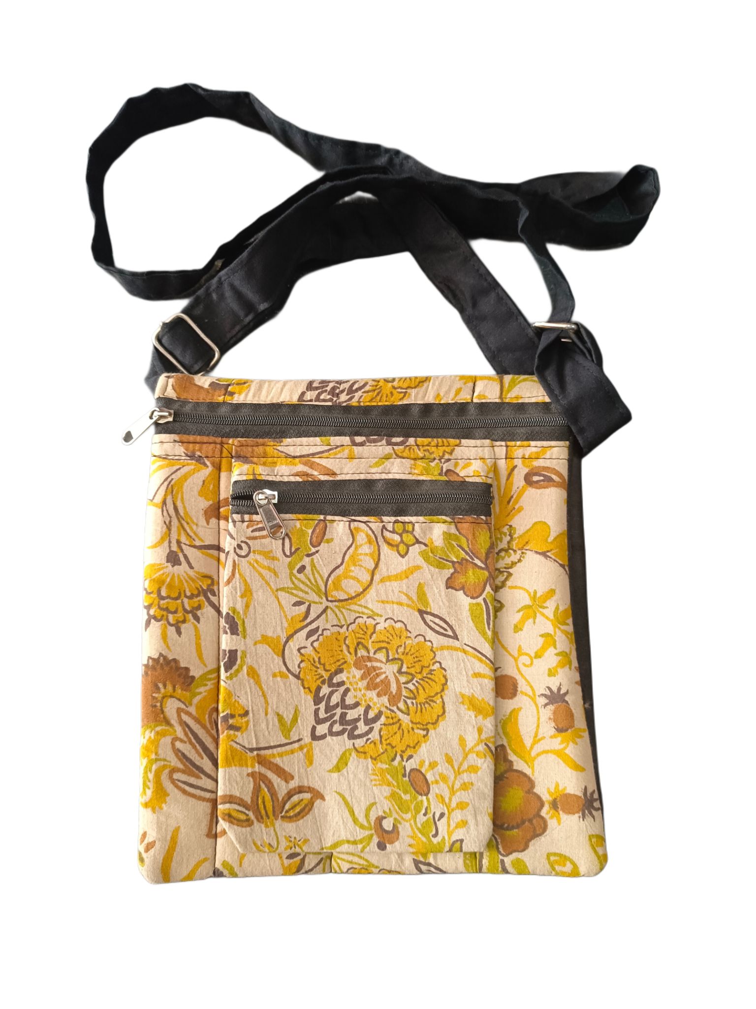 Handcrafted Floral Sling Bag with Adjustable Strap and Multiple Zippered Compartments for Women