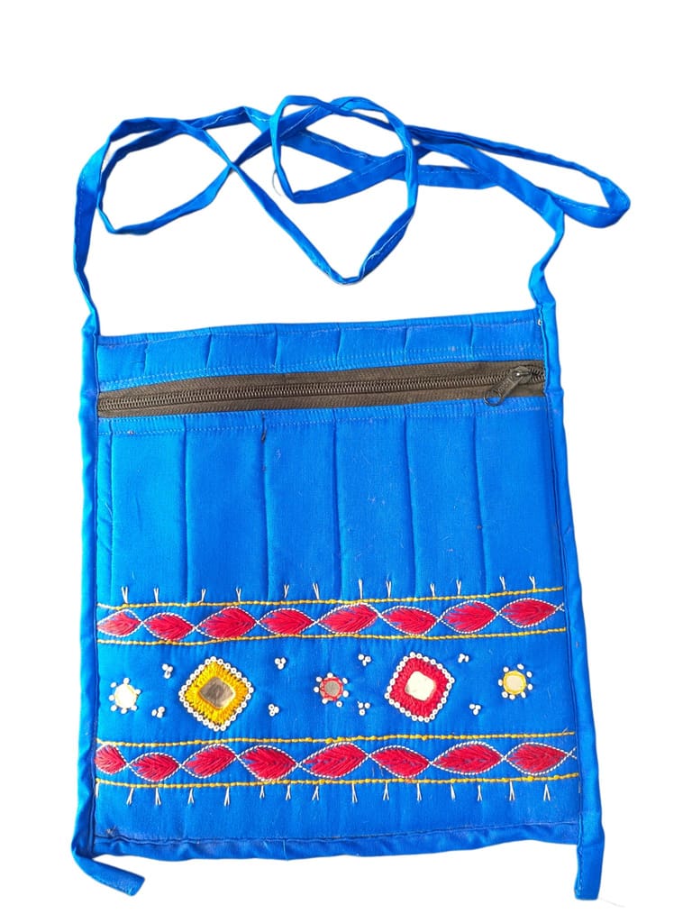 Blue Hand Embroidered Cotton Sling Bag with Mirror Work and Adjustable Strap - Handbags | Buy online on ZillyBuy