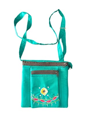 Green Hand Embroidered Cotton Sling Bag with Adjustable Strap Green Hand Embroidered Cotton Sling Bag with Adjustable Strap