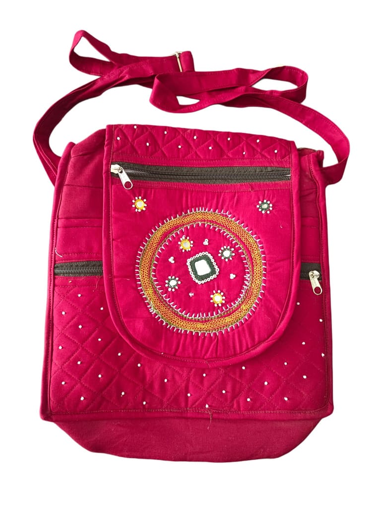 Hand Embroidered Red Cotton Sling Bag with Mirror Work - Handbags | Buy online on ZillyBuy